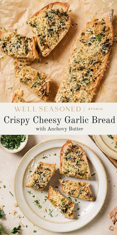 Crispy, cheesy, and deliciously golden brown, my Garlic Bread with Anchovy Butter takes a classic dish and brings it to the next level with umami-rich flavor that seeps into every bite. I love to serve this with pasta or alongside other Italian dishes, but really it's great with everything from grilled or roasted meats to soup and salad. #wellseasonedstudio #garlicbread #anchovies #anchovy Recipes With Anchovy Paste, Canned Anchovies Recipes, Anchovy Bruschetta, Anchovies Butter, Anchovy Bread, Anchovy Butter, Anchovy Recipes, Tin Fish, Make Garlic Bread