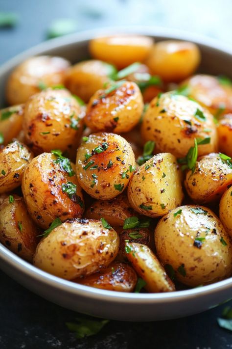 Roasted baby potatoes garnished with fresh herbs in a bowl. Air Fryer Baby Potatoes Recipes, Air Fryer Baby Red Potatoes, Air Fryer Red Potato Recipes, Baby Red Potato Recipes, Roasted Potatoes In Air Fryer, Little Potato Recipes, August Meals, Air Fryer Baby Potatoes, Air Fryer Roasted Potatoes