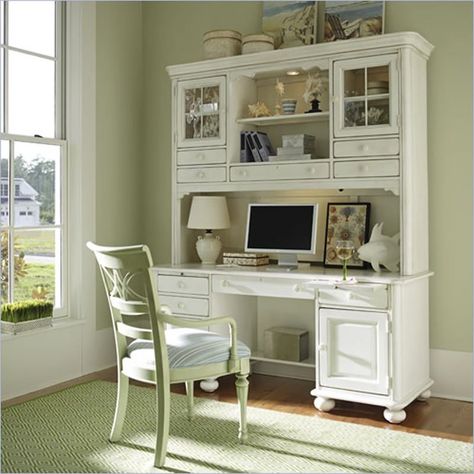 Stanley Coastal Living Wood Computer Desk Hutch in Antique White 829 White Desk And Chair, White Desk With Hutch, White Secretary Desk, Dorm Room Desk, Office Desk With Hutch, White Computer Desk, Armoire Design, Wood Computer Desk, Dorm Furniture