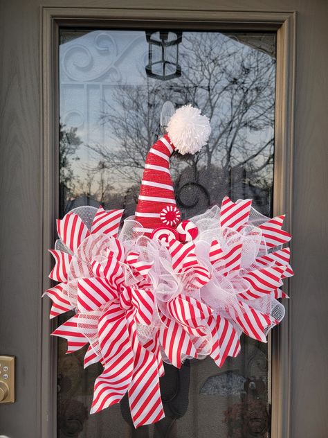 Peppermint Christmas Decor, Santa Hat Wreath, Hat Decor, Hat Wreath, Peppermint Christmas, Festive Decoration, Heart Button, Wreath Christmas, Handmade Bows