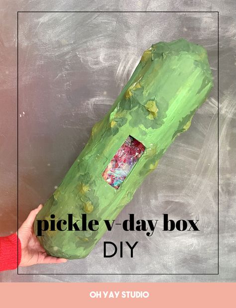 A Pickle Valentine day box DIY! :) – oh yay studio – Color + Painting + Making + Everyday celebrating Pickle Valentines Boxes, Valentine Day Boxes, 3d Craft, Pickle Jars, Valentine Box, Painters Tape, Straight Edge, Wax Paper, Diy Box