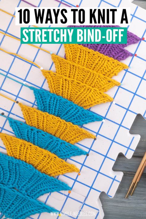 How to knit a stretchy bind-off. A step-by-step tutorial with altogether 9 different alternatives to create a super elastic edge in knitting Casting Off Knitting, Bind Off Knitting, Stretchy Bind Off, Sewing Binding, Knitting Help, Knitting Tips, Knit Wear, Knitting Machine Projects, Bind Off