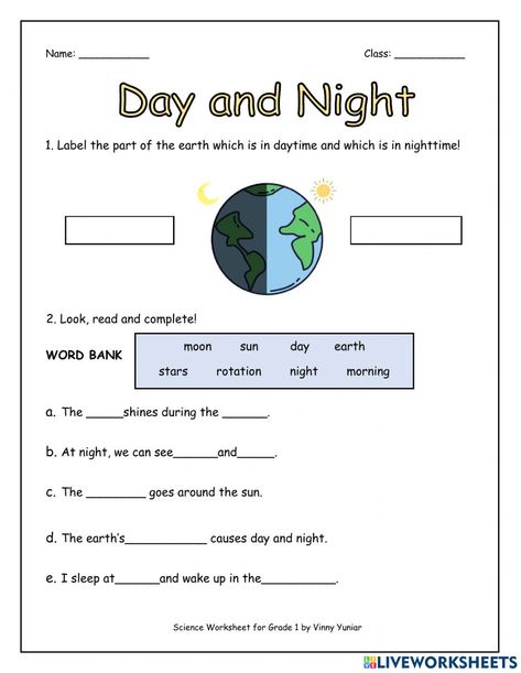 Day And Night 1st Grade Activities, Science Worksheets For Class 1, Day And Night Worksheet For Grade 1, Day And Night Space Activities, Class 1 Science Worksheet, Science Quiz For Grade 1, Homeschool Science Worksheets, Day And Night Worksheets Kindergarten, Social Science Worksheets