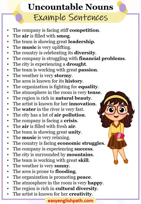 100 Uncountable Noun Example Sentences in Grammar. Uncountable Noun Sentences in English Noun Sentences, Sentences In English, Uncountable Nouns, Basic English Sentences, Easy English, Basic English, English Sentences, Learn English, Grammar