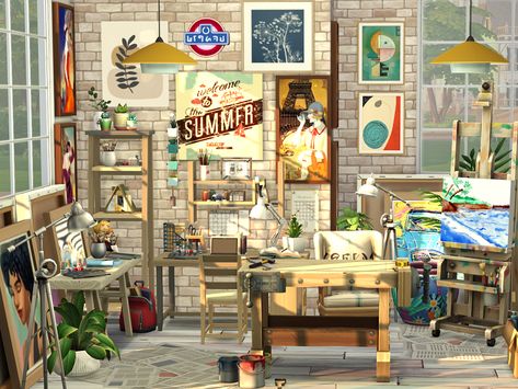 Sims 4 Art Room, Sims 4 Art, Hippie Furniture, Sims Background, Sims Characters, Artist Bedroom, Background Characters, Sims 4 House Building, Sims Building