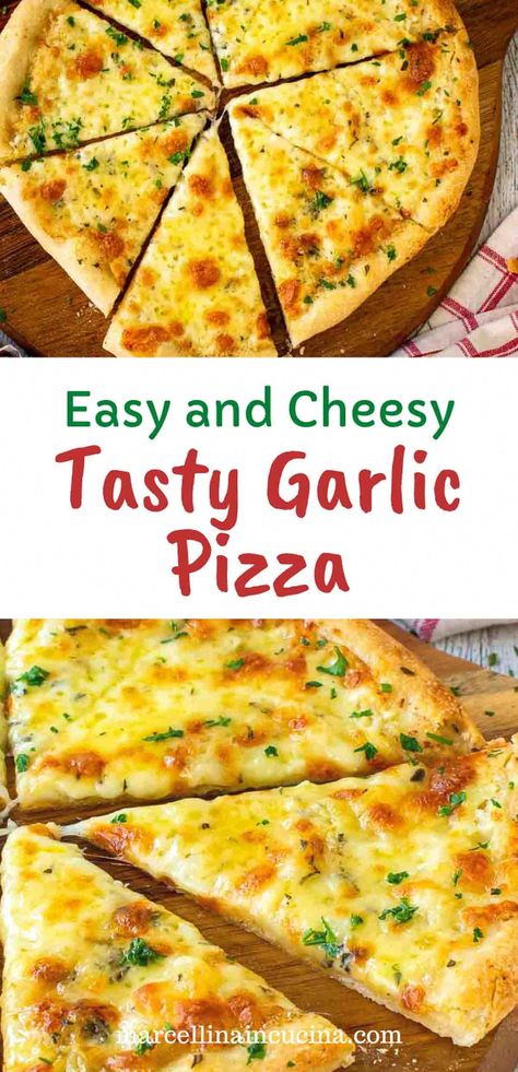 Cheesy Garlic Pizza, Garlic Cheese Pizza, Pizza With Cheddar Cheese, Tortilla White Pizza, Garlic Pizza Recipe, Garlic Butter For Pizza Crust, White Pizza Ideas, Homemade Garlic Pizza, Parmesan Pizza Crust