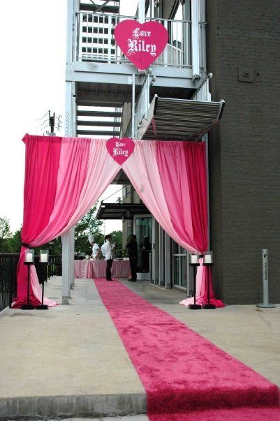 Bat mitzvah entry: Shag Carpet Themed Events  Decor- Dallas, TX Barbie Entrance Decor, Pink Carpet Event, Pink Carpet Party Ideas, Pink Event Decor, Entrance Curtain, Bat Mitzvah Ideas, Bar Mitzvah Party Favors, Pink Event, Barbie Event