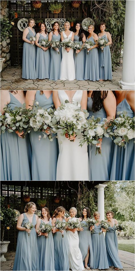 Blue Bridemaid Dresses, Dusty Blue Wedding Colors, June Wedding Colors, Summer Wedding Color Palette, Bridesmaid Color Palette, Bridesmaid Dress Inspiration, Blue Wedding Colors, Willowdale Estate Wedding, Wedding Color Palette Ideas