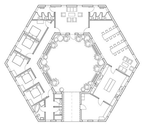 Hexagonal Building Architecture, Hexagon Interior Design, Hexagon Plan, Hexagon Architecture, Archicad Projects, Hexagon Building, Hexagonal Architecture, Hexagon Gazebo, Hexagon House