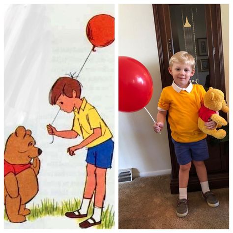 Easy Winnie The Pooh Costume, Winnie The Pooh Halloween Costume Group Family, Family Pooh Halloween Costumes, Homemade Winnie The Pooh Costume, Diy Pooh Bear Costume, Winnie The Pooh Halloween Costume Family, Winnie The Pooh Group Costumes, Eeyore Costume Diy, Tigger Costume Diy