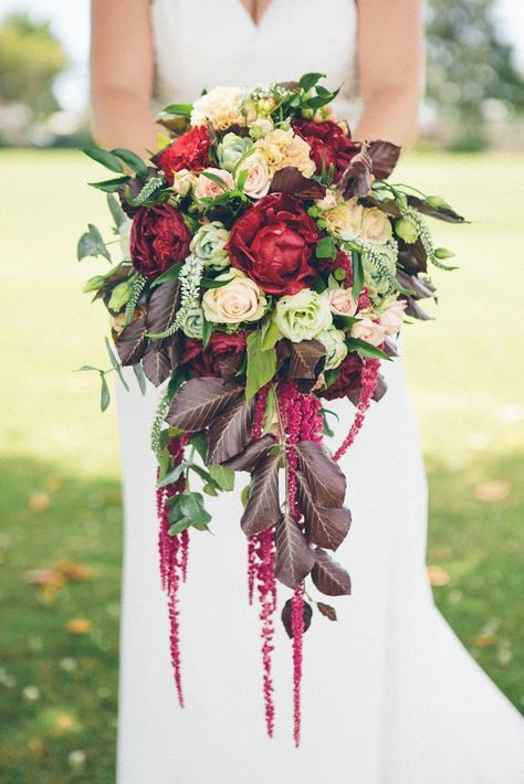 trailing bouquet. Marsala and blush. Peonies, succulants, roses, amaranthus, succulants. Katie O'Neill Photography Trailing Bouquet, Flower Styling, Pineapple Sage, Blush Peonies, New Plymouth, Cascade Bouquet, Autumn Flowers, Table Flowers, Wedding Florist