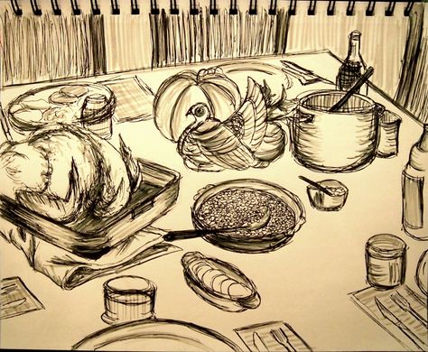 Day 12: Drawing of my family's Thanksgiving dinner. Medium: Ink pen and warm grey PITT artist pen Thanksgiving Dinner Drawing, Dinner Drawing, Pitt Artist Pens, Family Thanksgiving, Graphite Drawings, Ink Pen, Warm Grey, Thanksgiving Dinner, Art Class