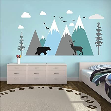 Moose Baby Nursery, Mountain Wall Decal Nursery, Baby Room Wall Decals, Floor Wood, Family Wall Decals, Kids Room Wall Decals, Youth Decor, Baby Room Wall, Woodland Decor