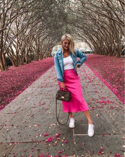 Hot Pink Skirt Outfit Winter, Hot Pink Silk Skirt Outfit, Hot Pink Skirt Outfit Ideas, Hot Pink Satin Skirt Outfit, Pink Slip Skirt Outfit, Pink Silk Skirt Outfit, Pink Skirt Outfit Ideas, Pink Pencil Skirt Outfit, Pink Maxi Skirt Outfit