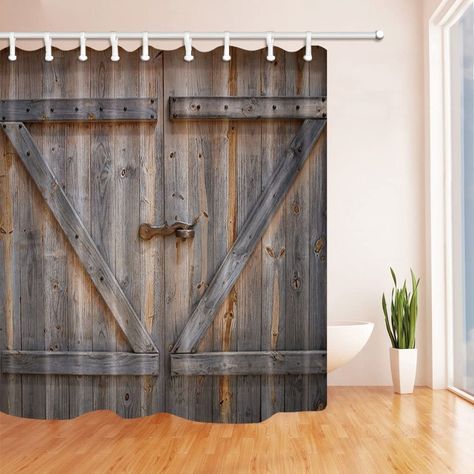 Wooden Door Paint, Wooden Barn Doors, Wooden Garage Doors, Rustic Wood Decor, Plastic Shower Curtain, Barn Door Designs, Wooden Garage, Decor Baie, Custom Shower Curtains