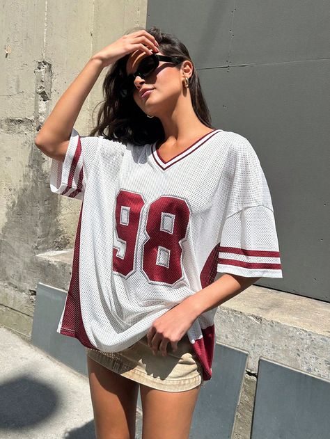 Multicolor Casual Collar Short Sleeve Knitted Fabric Letter  Embellished Non-Stretch  Women Clothing Football Jersey Outfit, Floral Lace Shorts, Nike Tennis Dress, Jersey Outfit, Football Outfits, Gameday Outfit, Tennis Dress, Women T Shirts, Football Jersey