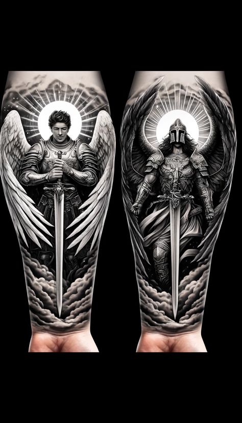 Guardian Angel Tattoo For Men Back, Full Sleeve Tattoos Mens Arm, Guardian Angel Tattoo For Men Forearm, Back Calf Tattoos Men, Warrior Angel Tattoo Men, Archangel Michael Tattoo For Men, Saint Michael Tattoo Sleeve, Arch Angel Tattoo, Guardian Angel Tattoo For Men