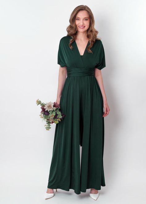 Dark green infinity jumpsuit with pockets, bridesmaid dress, wedding guest dress, jersey infinity dress, multi wrap dress, convertible dress, multiway dress, bridesmaid dresses, long dress, evening dress, formal dress Multiway Dress Bridesmaid, Infinity Jumpsuit, Multi Wrap Dress, Infinity Dresses, Multiway Dress, Bridesmaid Dresses Long, Jumpsuit With Pockets, Dress Wedding Guest, Convertible Dress