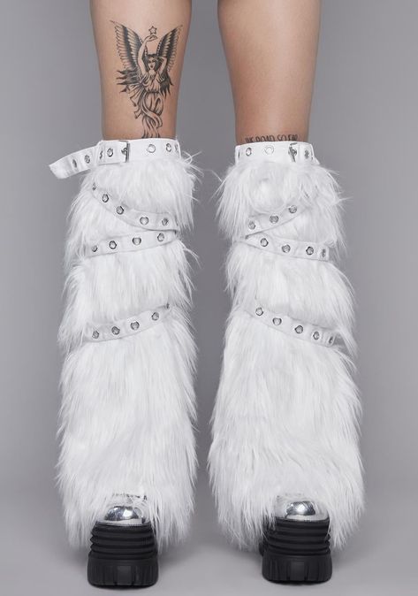 Faux Fur Leg Warmers, Punk Plaid, Fur Leg Warmers, White Goth, Occult Fashion, Victorian Goth, Aesthetic Shoes, White Faux Fur, Alternative Outfits