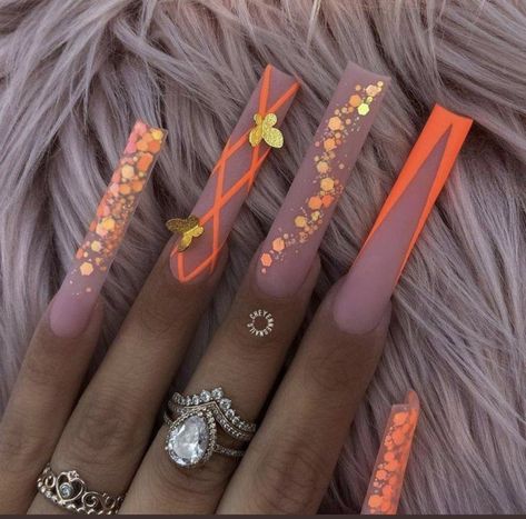 Long Orange Nails, Long Acrylic Nail Designs, Nails Design With Rhinestones, Dope Nail Designs, Coffin Shape Nails, Long Acrylic Nails Coffin, Acrylic Nails Coffin Pink, Coffin Nails Long, Long Square Acrylic Nails