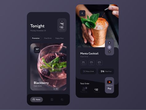 Drink Order App Concept by Angel Villanueva on Dribbble Cocktail Website Design, Website Prototype, Cocktail App, Application Ui Design, App User Interface, Ui Ux Inspiration, Ui Design Mobile, Mobile App Design Inspiration, Ux Inspiration