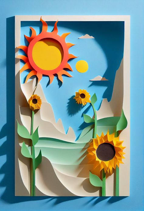 Quilling Scenery, Classroom Art Display, Paper Cutout Effect, 3d Sun, Bright Sunny Day, Paper Art Sculpture, Paper Art Design, Paper Cutout Art, Sunflower Wall Art