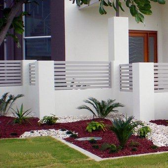 Slat Fencing, Fencing And Gates, Automatic Sliding Gate, Fence Wall, Gate Ideas, Front Fence, Brick Fence, Timber Fencing, White Fence