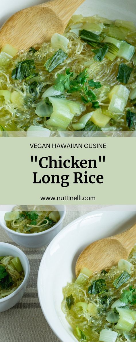 This authentic, Hawaiian-style vegan chicken long rice gives the regular version a run for its money. Guaranteed to satisfy everyone for lunch, dinner, or any special occasions! #veganhawaiian #hawaiian #chickenlongrice #veganasianfood Chicken Long Rice, Hawaiian Cuisine, Savory Bacon, Easy Vegan Lunch, Hawaiian Recipes, Vegan Asian Recipes, Vegan Chicken, Hawaiian Chicken, Vegan Asian