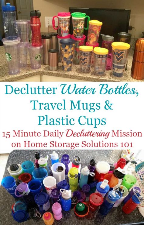 How to #declutter water bottles, travel mugs and plastic cups from your kitchen cabinets or home {a 15 minute #Declutter365 mission on Home Storage Solutions 101} #decluttering Travel Mug Storage Ideas, Organize Water Bottles, Declutter 365, Clutter Bug, Organizing Things, Diy Organizing, Water Bottle Storage, Kitchen Clutter, Creative Organization