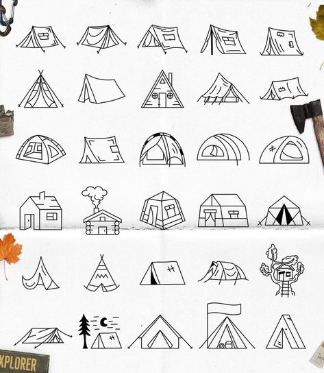 Tent Tattoo Camping, Tiny Tent Tattoo, Camping Doodles Simple, Cottage Line Drawing, Tent Tattoo Design, Camping Line Art, Tent Tattoo Simple, Tent Camping Drawing, Simple Camping Tattoo