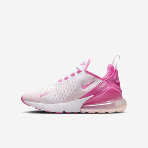 Big adventures call for big Air! Step into the Nike Air Max 270 and enjoy cushy comfort you can see and feel. An extra-large Air unit in the heel provides cushioning and a dramatic style statement while the sock-like fit of the stretchy inner sleeve helps your foot feel secure as you step out to play. Pink 270 Nike, Pink Nike Shoes Women, Womens Nike Air Max 270, Nike Air Max Pink, Nike 270, Pink Nike Shoes, 270 Nike, Preppy Shoes, Pretty Shoes Sneakers