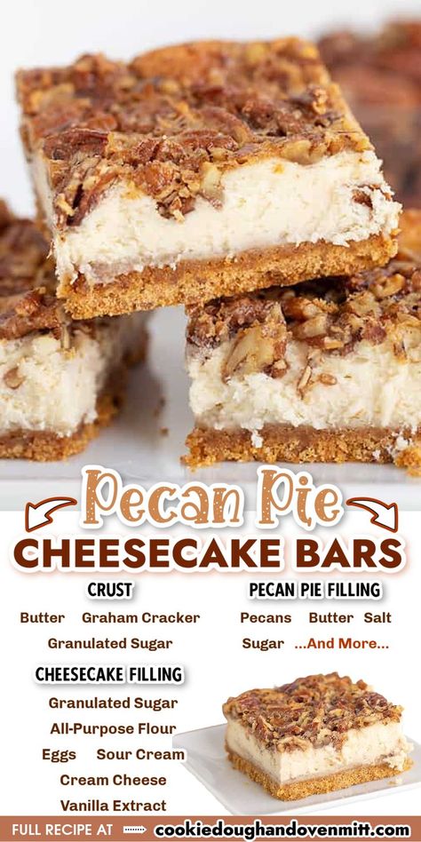 These Pecan Pie Cheesecake Bars have a generous layer of graham cracker crust and vanilla cheesecake with a delicious buttery pecan pie topping! The gooey, sugary goodness of the pecan pie topping will sink into the cheesecake leaving a beautiful crunchy pecan topping. If you love cheesecake and pecan pie, you have to try these bars! Easy Pecan Cheesecake, Pecan Pie Cheesecake Bars Recipe, Pecan Pie Topping, Pecan Cheesecake Recipes, Pecan Pie Cheesecake Bars, Pecan Cheesecake Bars, Pie Topping, Pecan Topping, Pecan Pie Cheesecake