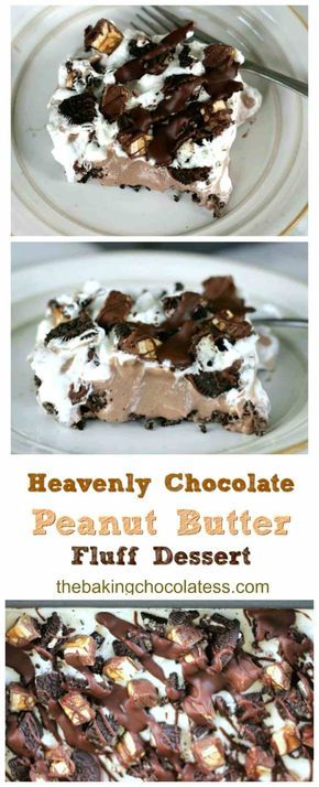 Heavenly Chocolate & Peanut Butter Fluff Dessert -Heavenly, decadent, luscious chocolate and peanut butter fluff dessert for any season!  OREOS and Peanut Butter Snickers bits and chocolate and peanut butter drizzle take this sinful delight over the top! #peanutbutter #chocolate #pudding #nobake #dessert #fluff #cheesecake #oreo Peanut Butter Fluff Dessert, Jam Desserts, Peanut Butter Fluff, Healthy Jam, Chocolate Peanut Butter Desserts, Dessert Oreo, Desserts Keto, Fluff Desserts, Cupcakes Ideas