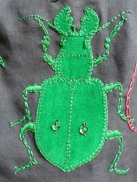 Cicindela campestr-ish... velvet applique with embroidery by Naomi Guppy, Gnommi via Flickr. Velvet Applique, Altered Clothes, Bug Art, Altering Clothes, Blanket Stitch, Straight Stitch, Back Stitch, Embroidery Ideas, Satin Stitch