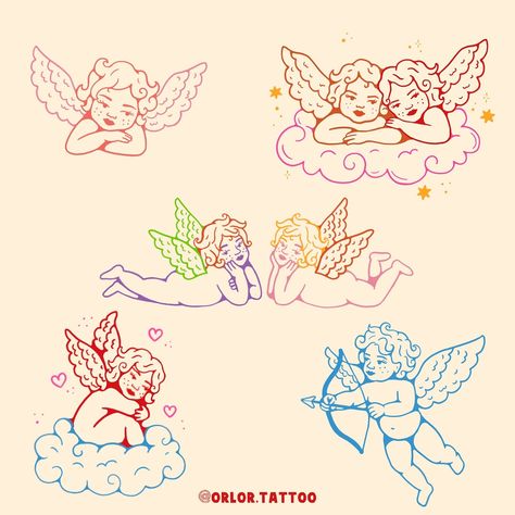 new flash! 👼 🌟 ☁️ swipe for funky and cute colour versions and non shaded versions too ✨ handpoke tattoos at @harmlesstattoo in Braintree, Essex message me or use my booking form to book in 💌 #handpoke #stickandpoke #sticknpoke #londonhandpoke #essexhandpoke #essextattoo #suffolktattoo #hertfordshiretattoo #tattooideas #femaletattooartist #tattoo #cherubtattoo Girly Tattoo Flash, Valentines Flash, Girly Tattoo, Cherub Tattoo, Stick N Poke, Female Tattoo Artists, Fairy Tattoo, Hand Poke, Stick And Poke