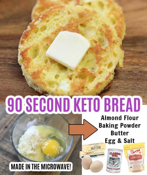 2 pieces of 90 second bread toasted and topped with butter with a black banner on top with the words "90 second Keto bread, that actually tastes good. Keto Bread Almond Flour, 90 Second Bread, Best Low Carb Bread, Keto Bread Recipe, Keto Friendly Bread, 90 Second Keto Bread, Lowest Carb Bread Recipe, Stunning Hairstyles, Low Carb Bread