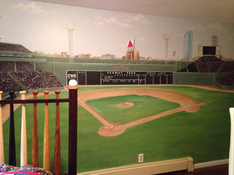 Hand painted Fenway park mural Baseball Mural, Fenway Park Boston, Baseball Room, Big Boy Bedrooms, Batting Cages, Baseball Boys, Baseball Stadium, Unique Flooring, Fenway Park