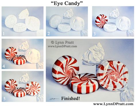 Step-by-Step Photos » Lynn D. Pratt Watercolors Candy Drawings, Candy Painting, Candy Drawing, Birthday Card Handmade, Peppermint Christmas, Art Demo, Candy Art, Watercolor Lessons, Art Watercolor Painting