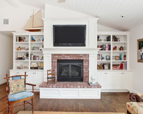 Raised Hearth Design, Pictures, Remodel, Decor and Ideas - page 4... hearth in 1 material instead of this Fireplace Brick, Built In Around Fireplace, Fireplace Bookshelves, Built In Shelves Living Room, Slanted Ceiling, Fireplace Built Ins, Traditional Fireplace, Fireplace Remodel, Trendy Living Rooms