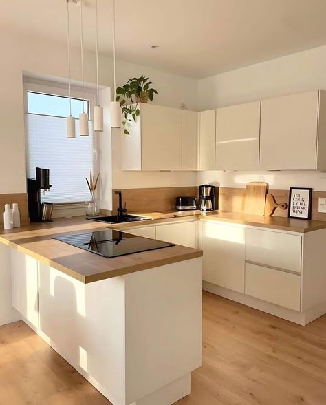 Brown Kitchen Ideas Modern, New Kitchen Ideas Modern, Beige And White Kitchen Ideas, Small Flat Kitchen Ideas, Small Modern Apartment Kitchen, Kitchen Ideas White And Wood, Living Room With Kitchen Ideas, Small Open Kitchen And Living Room, Beige White Kitchen