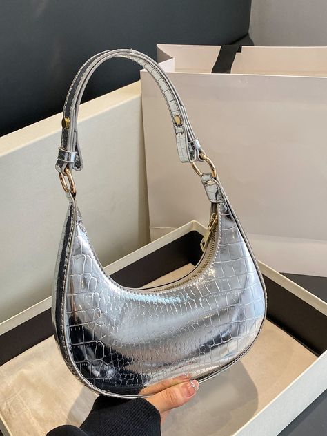 Silver Fashionable Collar  PU Leather  Hobo Bag Embellished   Women Bags Eid 2024, Nail Bags, Bag Closet, Silver Outfits, Silver Handbag, Silver Bags, Colorful Bags, Pretty Bags, Leather Hobo Bag