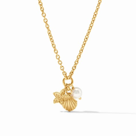 Petite starfish, pearl, and scallop shell charms dangle from a delicate golden rolo chain. Pearl Drop Pendant, Greece Trip, Dope Jewelry Accessories, Coastal Jewelry, Julie Vos, Preppy Jewelry, Preppy Stuff, Golden Necklace, Scallop Shell