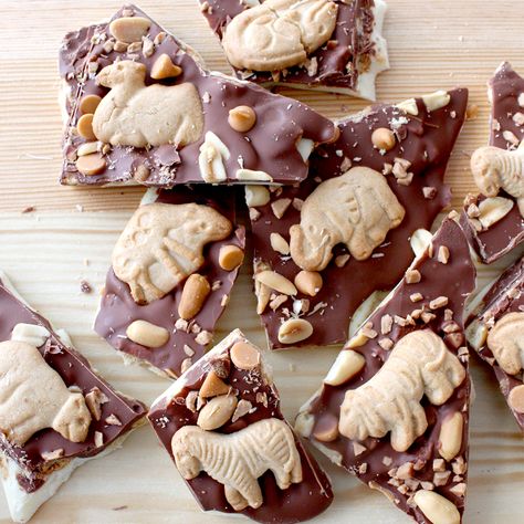 Chocolate Covered Animal Crackers, Animal Cracker Snack Ideas, Animal Cracker Cheesecake, Cracker Bark, Animal Crackers Recipe, Caramel Bark, Cracker Dessert, Animal Cracker, Chocolate And Caramel