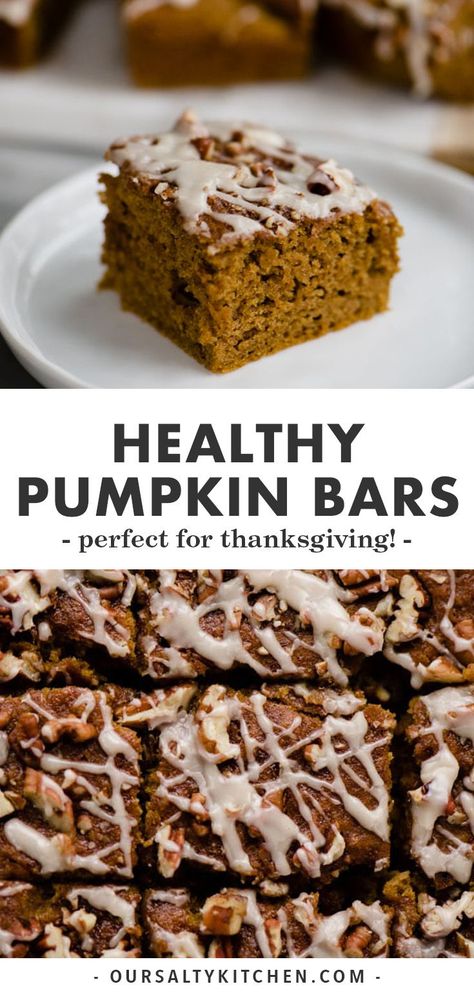 Pumpkin season is here! Let's celebrate with cake. But not just any cake. A healthier take on a classic - these dairy free, low sugar pumpkin bars. Made with whole wheat flour, olive oil, and maple syrup, these healthy pumpkin bars are moist, tender, crumbly, and perfectly spiced. They're decadent enough for dessert, but healthy enough for breakfast. Let's bake! #pumpkin #pumpkinbars #desserts #baking #healthybaking #dairyfree #sugarfree Healthy Pumpkin Bars, Healthy Pumpkin Dessert, Bake Pumpkin, Dairy Free Pumpkin, Seasonal Eating, Seasonal Fruit, Sugar Pumpkin, Pumpkin Bars, Healthy Pumpkin