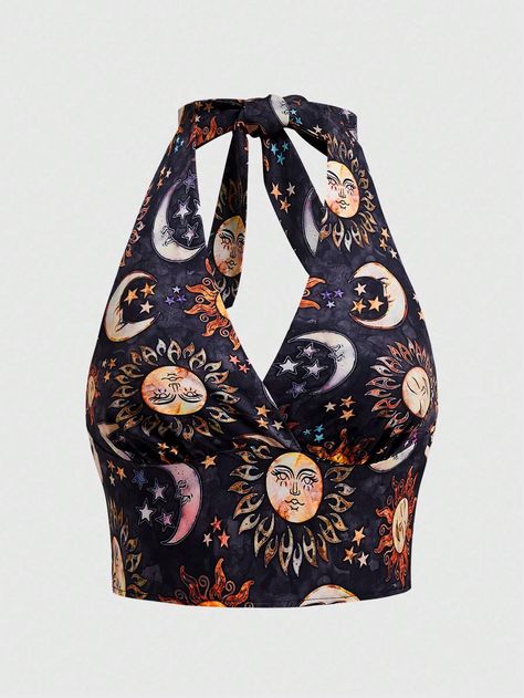 ROMWE Plus Size Vintage Crop Top With All-Over Print And Open BackI discovered amazing products on SHEIN.com, come check them out! Witchy Outfits, Vintage Plus Size, Vintage Crop Tops, Plus Size Vintage, Plus Size Tank Tops, Human Face, Top Vintage, Tank Top Cami, Kids Beachwear