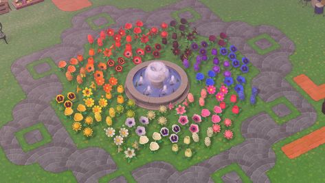 Animal crossing flower garden Acne Flower Garden, Acnh Flower Garden All Flowers, Animal Crossing Rainbow Garden, Acnh Rainbow Flower Garden, Acnh Flower Garden, Animal Crossing Flower Garden, Acnh Flower Gardens, Anch Inspiration, Acnh Diy