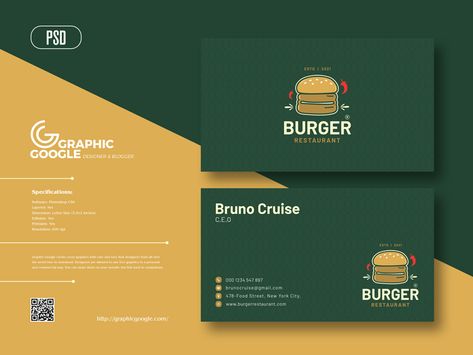 Burger Business, Business Card Dimensions, Food Business Card, Restaurant Business Cards, Foil Business Cards, Card Design Template, Graphic Design Business Card, Graphic Design Cards, Name Card Design