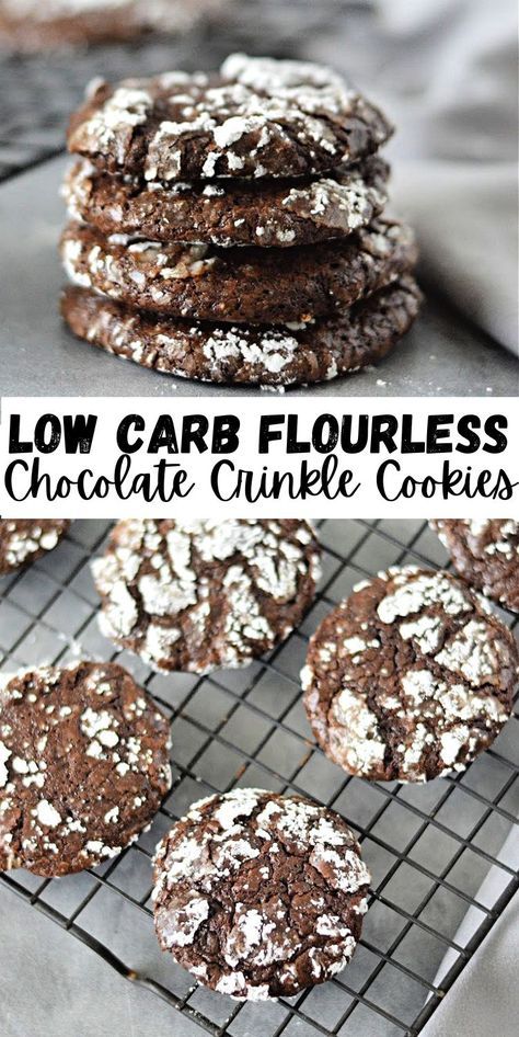 Low-Carb Flourless Chocolate Crinkle Cookies Keto Chocolate Crinkle Cookies, Chocolate Crinkle Cookies Recipe, Flourless Desserts, Flourless Chocolate Cookies, Keto Pork, Crinkle Cookies Recipe, Flourless Cookies, Pork Rind, Chocolate Crinkle