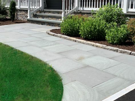 Bluestone Walkway, Steps and Overlay - Southampton, MA 01073 - RJM Landscaping Bluestone Walkway With Border, Bluestone Pavers Walkways, Blue Stone Walkway Bluestone Pavers, Bluestone Walkway To Front Door, Walkway Pattern, Bluestone Walkway, Front Yard Walkway, Yard Walkway, Stone Walkways