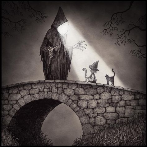 John Kenn Mortensen on Instagram: “The bridge and the light #johnkennmortensen #donkenn #thelight #darkart #artwork #witch #vvitch #sticktotheroad #illustration” John Kenn Mortensen, Art Graf, John Kenn, Pen On Paper, Dark Art Drawings, Halloween Drawings, Arte Obscura, Dark Art Illustrations, Scary Art